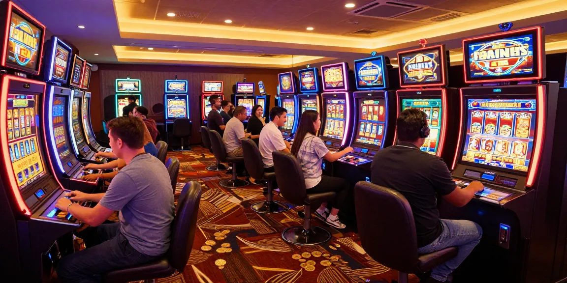 Permainan slot gacor di kasino yang ceria dengan pemain menikmati jackpot.