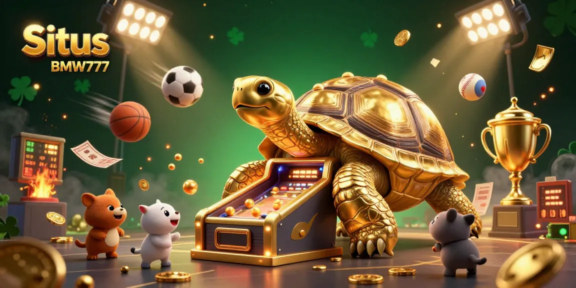 Situs BMW777 brings the thrill of sports betting alive with a golden tortoise pinball machine and excited players.