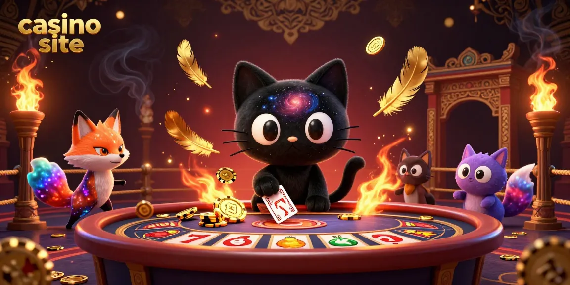 Explore a vibrant cosmic casino site with a black hole cat and nebula fox among swirling golden chips and slot reels.
