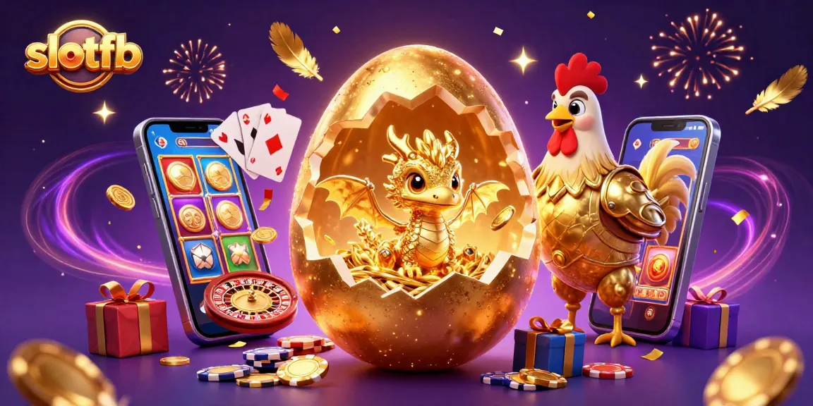 Bermain slotfb dengan mesin slot penuh gaya yang dikelilingi karakter fantasi, chip poker, dan koin emas.