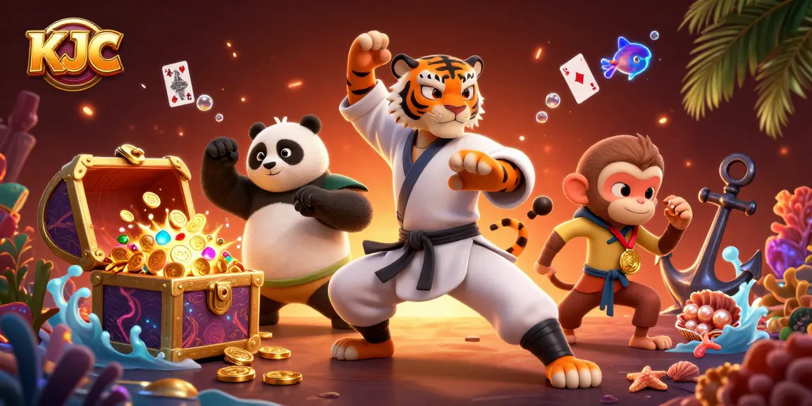 KJC casino action scene with a kung fu tiger master and panda disciple amidst gold coins and bioluminescent coral.