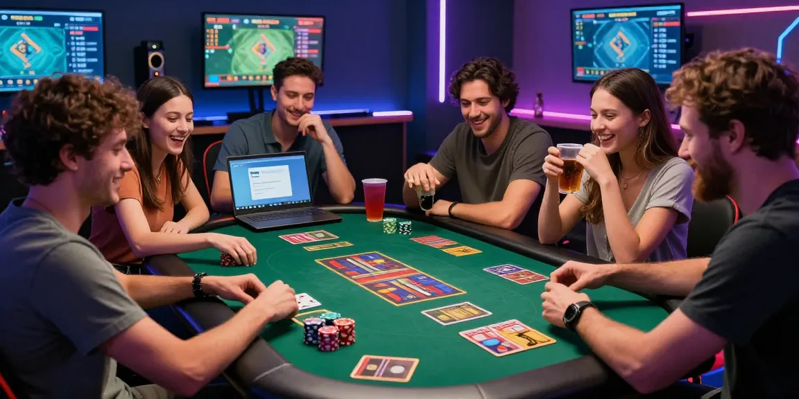 Passionate friends enjoying a lively card game session on Sunwin, surrounded by gaming tokens and screens.