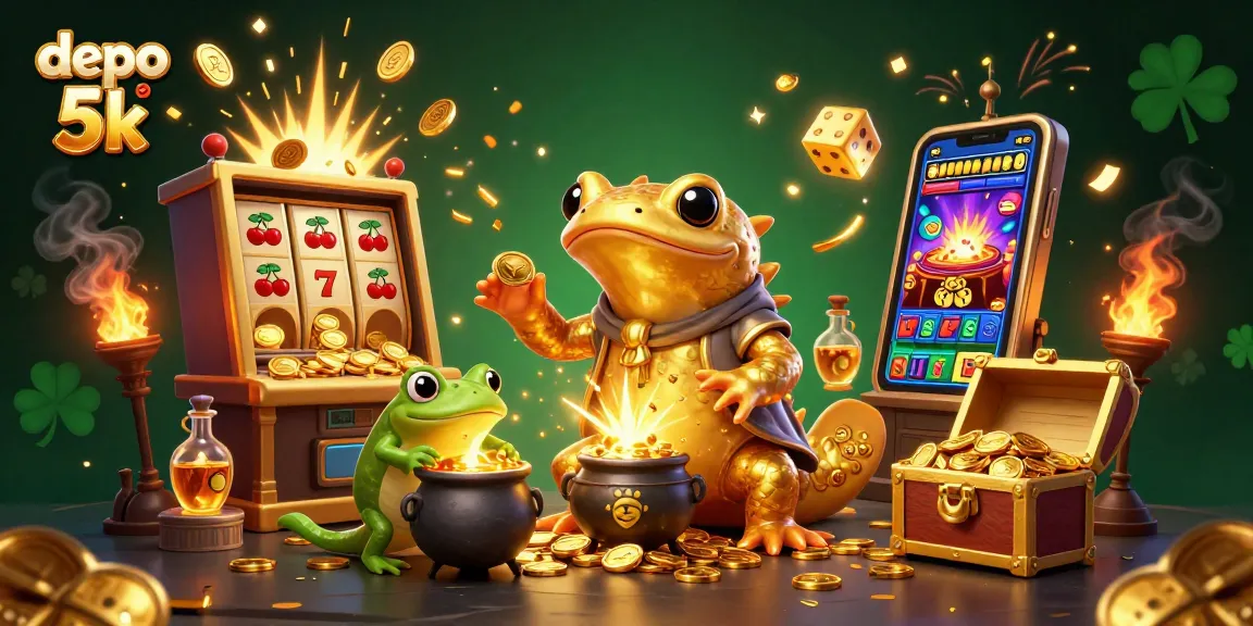 Experience the charm of depo 5k with a magical 3D casino scene of alchemists and slot machines.