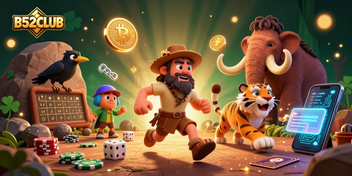 Catch the excitement of B52CLUB's prehistoric casino adventure, featuring a caveman and sabertooth duo in action.