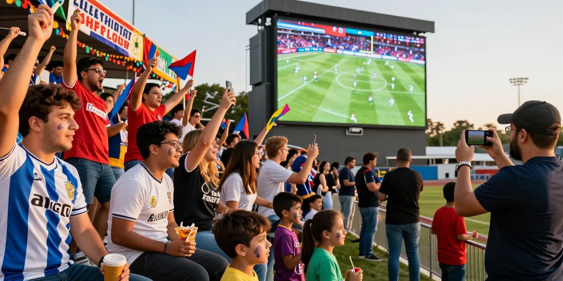 Fans cheering live football match at موقع IHD Sports outdoor event.